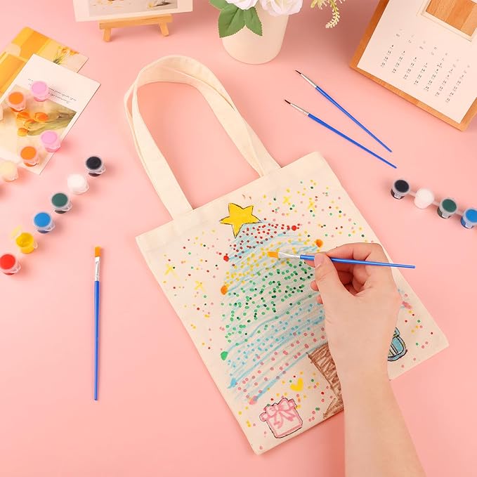 Petallush 24 Pack Canvas Tote Bags Bulk, Reusable Blank Tote Bags with Handles & Acrylic Paint Set, Small Cotton Tote Bag