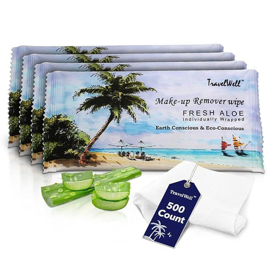 Travel Well Non-Woven Makeup Remover Wipes - Bulk Makeup Wipes Individually Wrapped & Travel Essentials - Aloe Infused Facial Cleansing - Pack of 500, Fresh Scent & Alcohol Free
