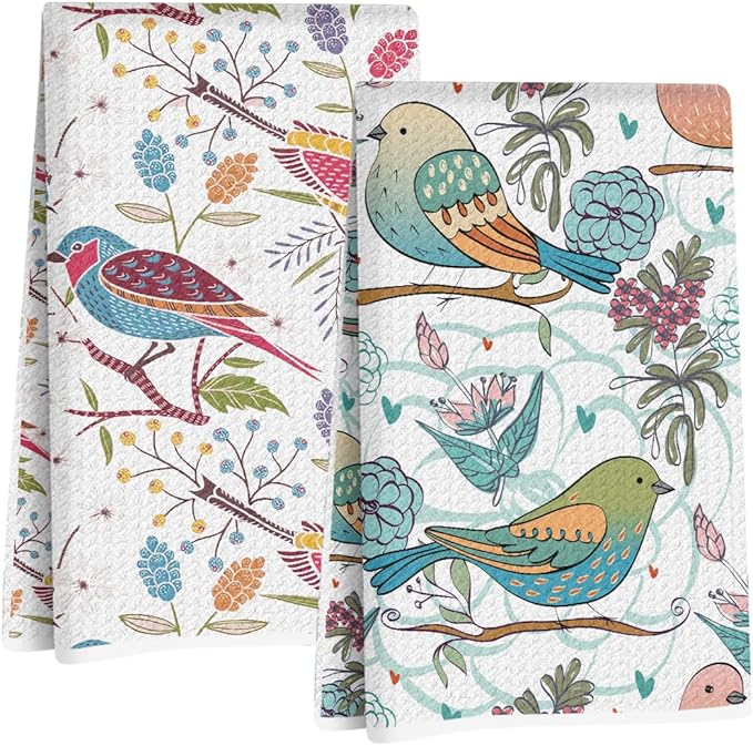 Jztco 2 Pcs Vintage Bird Kitchen Towels 24x14 Inch, Spring Flower Seamless Pattern Hand Towels for Kitchen Bathroom Decor, Absorbent Microfiber Dish Cloth Tea Towel, Home Gifts for Women