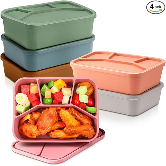 Honeydak 4 Pcs Silicone Bento Box Reusable Lunch Container 4 Compartment Snack Boxes with Lid Smooth LeakProof Rectangle Food Boxes for Adult Work Travel Food Storage (Cute Color)