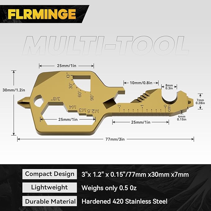 Key Shaped Pocket MultiTool 20-in1 Multi Tool, Stainless Steel Keychain Utility Gadget,Gift for Men, Women, Father,Groomsmen, Valentine's, Birthday, Christmas(Gold)