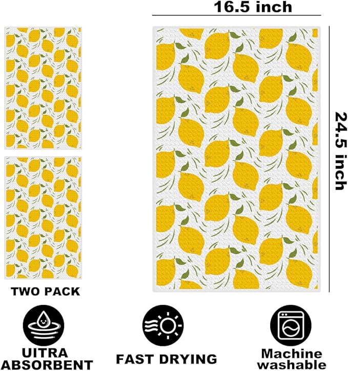 Jztco 2Pcs Lemon Kitchen Towels 24x14 Inch, Lemon Seamless Pattern Hand Towels for Kitchen Home Farmhouse Decor, Absorbent Microfiber Dish Cloth Tea Towel, Housewarming Gifts for Women
