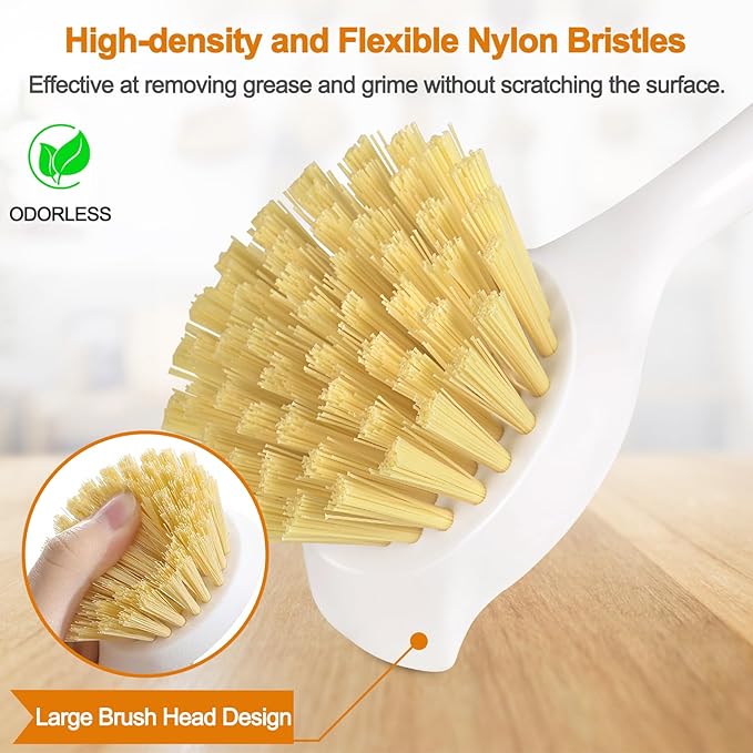 Dish Brush Set with Bamboo Handle, Kitchen Brushes for Cleaning Pot, Sink and Stove, Skillet Scrubber with Tough Bristles for Cast Iron Grill Pan, 2 Pack