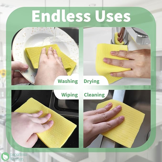 Reusable Swedish Dishcloths for Kitchen – Eco Friendly Paper Towel Alternative – Absorbent, Washable, Compostable Cleaning Cloths – 4 Pack by Paperless Kitchen