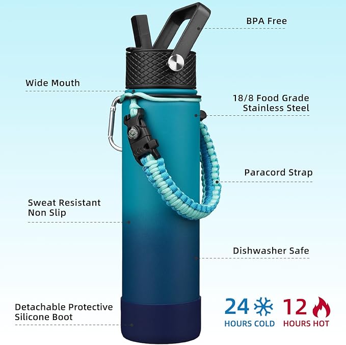 BJPKPK 27oz Insulated Water Bottles with 3 Lids, Paracord Handle & Non-slip Boot, Stainless Steel Metal Water Bottle with Straw, BPA Free Leak Proof Thermal Flasks, Tumblers,Vast