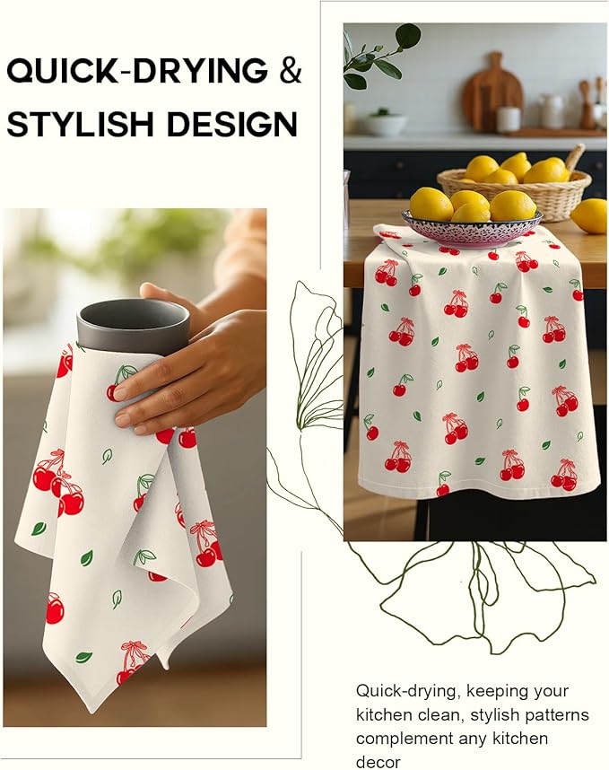 Flour Sack Kitchen Towels Set of 2-18x26 Cotton Dish Towels with Hanging Loop Reusable Tea Towel for Cleaning Spring Absorbent Dishcloths Cute Home Decor Housewarming, Bow Cherry