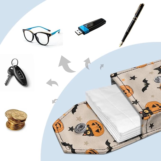 Black Cat Bat Print Purse Tissue Holder Portable Pocket Tissue Holder for Coin Keys Tissues with Hanging Rope Snap Button Enclosed