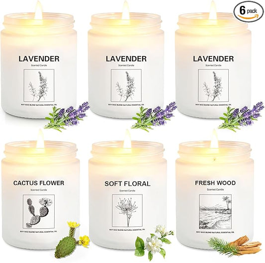 6 Pack Large 9 oz Natural Soy Wax Scented Candles- Lavender, Cactus Flower, Soft Floral & Fresh Wood- Long Lasting Aromatherapy Candle Gift Set for Home Relaxation, Christmas & Holiday Gifts for Women