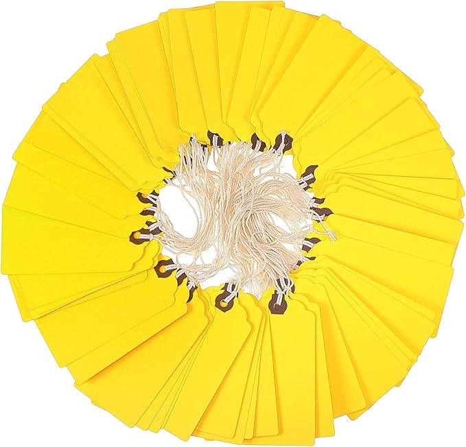 Outus 60 Pcs 4 3/4-in x 2 3/8-in Blank Large Paper Gift Tags with String and Reinforced Eyelet Wire Writable Price Tags Shipping Labels Inventory Labels(Yellow)