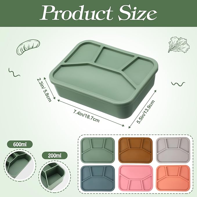 Honeydak 4 Pcs Silicone Bento Box Reusable Lunch Container 4 Compartment Snack Boxes with Lid Smooth LeakProof Rectangle Food Boxes for Adult Work Travel Food Storage (Cute Color)