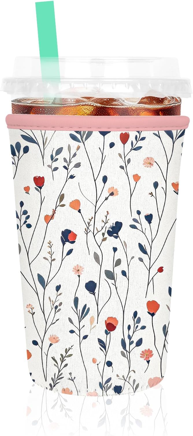 Iced Coffee Sleeve, Reusable Insulated Neoprene Cup Sleeve for Cold & Hot Drinks Beverages, Cup Holder for 22-24oz Coffee Cups,White Flowers