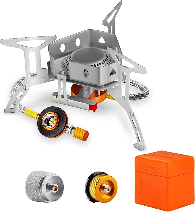 3500W Camping Stove, Backpacking Windproof Camp Stove with Piezo Ignition Carrying Case and 2 Additional Adapters, Compatable with Isobutane, Propane, Butane Tanks, Portable and Collapsible