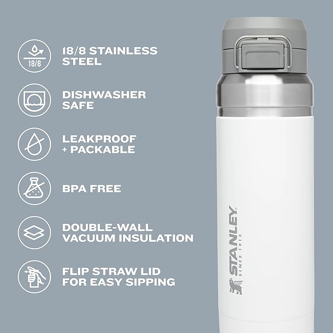 Stanley Quick Flip GO Water Bottle 36 oz | Push Button Lid | Leakproof and Packable for Travel and Sports | Insulated Stainless Steel | BPA-Free | Rose Quartz