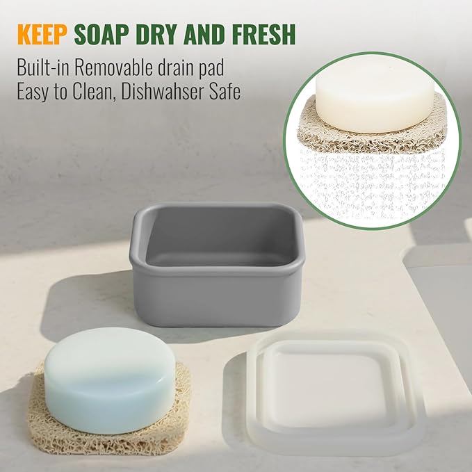 Shampoo Bar Travel Case with Draining Pad | Leakproof Silicone Small Travel Soap Case | Ultra-Compact for Gym, Camping, Business Trip (Gray)