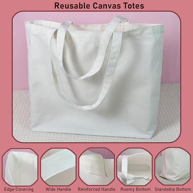 Koolmox Canvas Totes with Zipper, 12oz Thick Cotton Canvas Zipper Bags with Bottom & over Shoulder Handles, Plain Canvas Bags to Decorate for Gift Bag, Women Tote Bag, White, Pack of 6, 17x13x3.9''