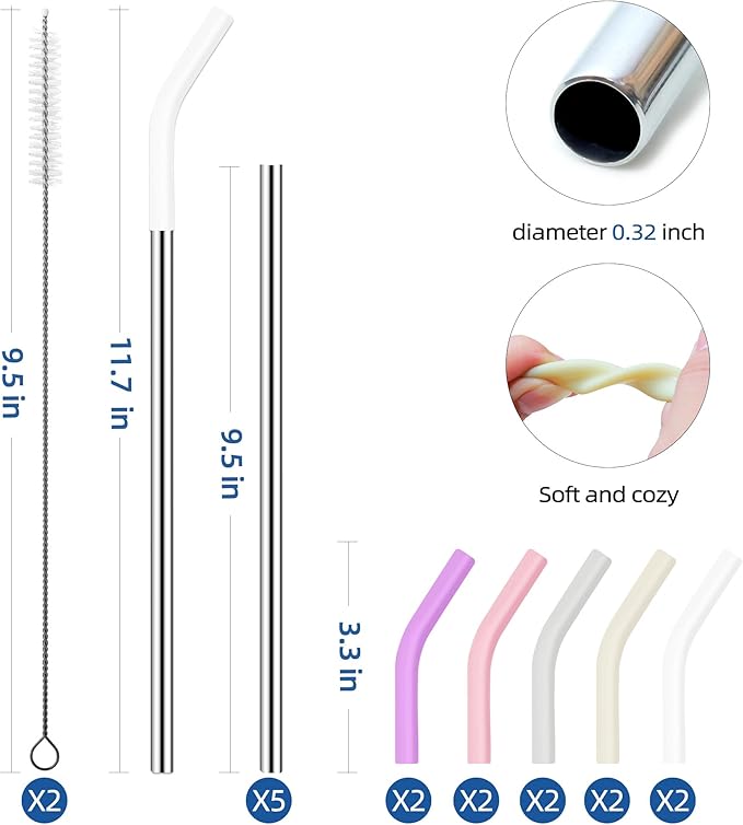 Set of 5 Stainless Steel Straws for 30 Oz Tumbler,For Stanley 30 Oz Tumbler, Reusable Metal Straw with 10 Silicone Tips and 2 Straw Cleaning Brush （5 colours 2, 30oz）