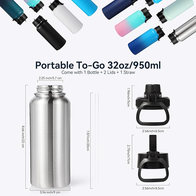 Neihepal 32 oz Insulated Water Bottles with 2 Lids (Straw & Spout Lid), 18/8 Stainless Steel Double Wall Water Bottle for Gym, Travel, Camping, Sports (Silver,2 Pack)