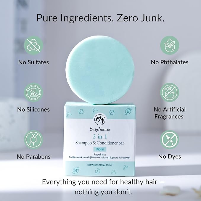 Biotin 2-in-1 Shampoo and Conditioner Bar, Repairing & Volumizing, Fortifies Weak Strands, Sulfate-Free, Vegan, 1 Bar (100 g)