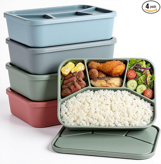 4 Pcs Silicone Bento Box Reusable Lunch Container, 4 Compartment, Food Grade Smooth Leak Proof Lunch Box Rectangle Bento Boxes, Microwave and Dishwasher Safe, for Adult Work Travel Food Storage