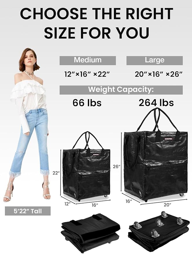 WORKPRO Large Reusable Grocery Bag on Wheels, Heavy Duty Rolling Shopping Tote with Handle, Folding Trolley on 5 Caster Wheels for Groceries, Laundry, Camping, Moving