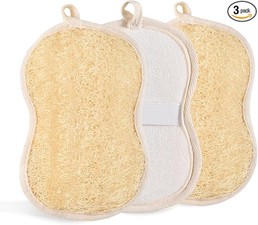 Natural Loofah Bath Sponges with Cotton Rope Exfoliating Body & Face Scrubber Reusable & Eco-Friendly,Soap Loofa Shape- Large 3PCS