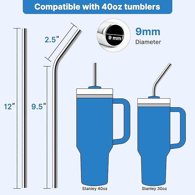 Stainless Steel Straw for Stanley/Simple Modern 40 oz Tumbler, 4Pcs Metal Straight and Curved Reusable Drinking Straw with Cleaning Brush for 40 oz Cup Tumbler