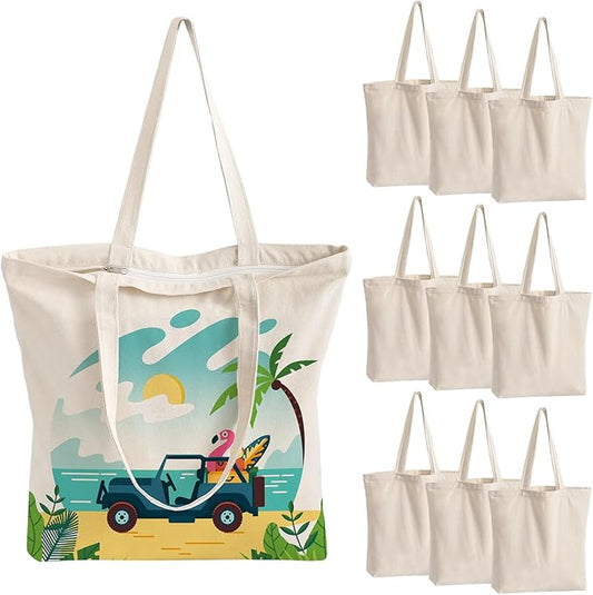 10 Pack Canvas Tote Bag with Zipper, Reusable Grocery Bags with Long Handle, DIY Heat Transfer Sublimation Blanks Shopping Bags for Advertising, Birthday, Thanksgiving, Christmas Craft Bags