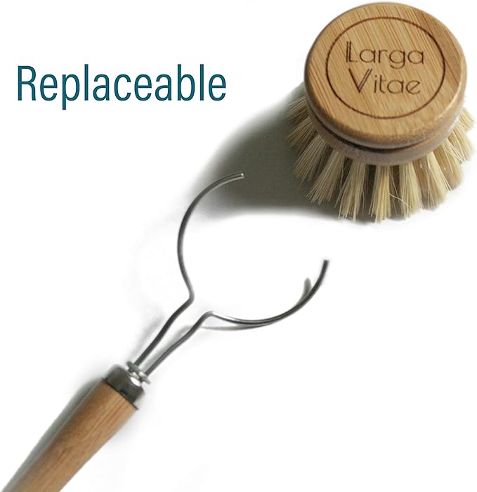 6 pcs Wooden Dish Brush Replacement Heads Made of Renewable Bamboo Wood and Natural Bristle Fiber, Durable, Long Lasting (Tampico Fiber)