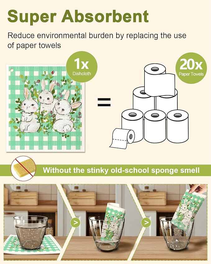 Swedish Dishcloths for Kitchen - 5 Pack Reusable Dish Cloths for Washing Dishes Absorbent Cute Funny Kitchen Towels Cleaning Sponge, Green Rabbit