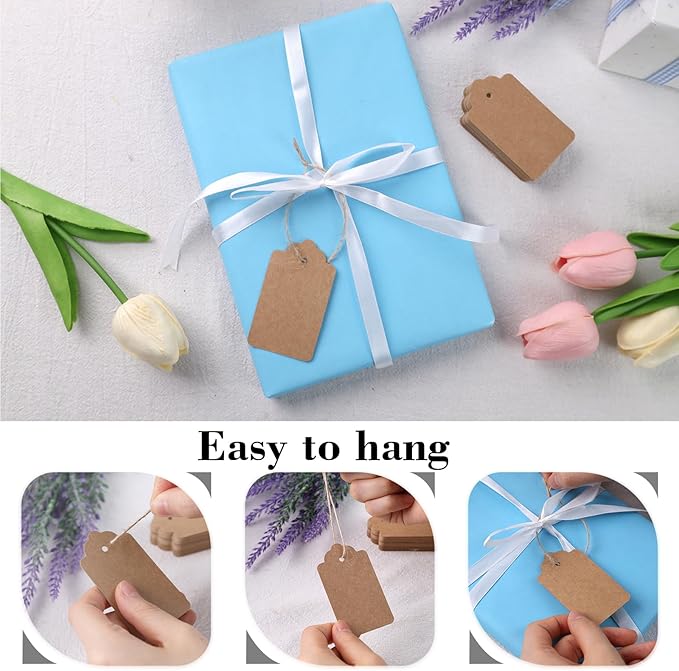SallyFashion 120PCS Gift Tags with String Attached, 1.6 x 2.8 inch Kraft Paper Hang Tags for Clothes DIY Crafts Wedding Holiday (Brown)