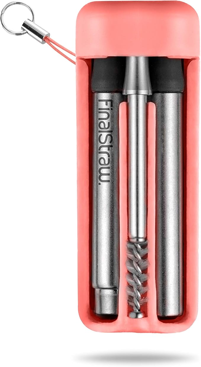 FinalStraw Collapsible, Reusable, Metal Straw | Travel Case, Cleaning Tool | Easy to Clean | Stainless Steel and 100% Silicon Tips | Eco-Friendly | Healthy Coral Case, Silver Stainless Steel