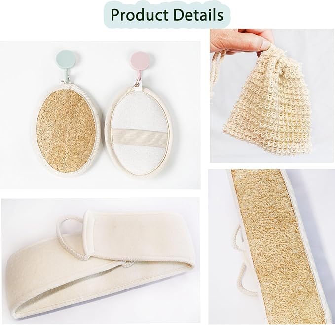 Natural Loofah Back Scrubber for Shower for Men and Women, Exfoliating Loofah Sponge with Soap Saver, 4-pcs