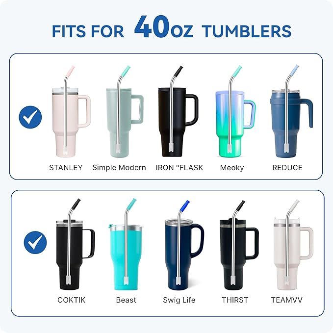 Reusable Stainless Steel Straws with Silicone Tip for Stanley 40oz, Metal Drinking Straws for 40oz Tumbler,3 Bent Tubes & 6 Tips& 1 Cleanr Brush (Lilac)