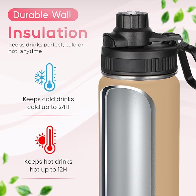 Y TOP 24oz Insulated Water Bottle Cup Holder Friendly, Leak Proof Spout Lid, Double Wall Insulation, Dishwasher Safe, Easy Clean Stainless Steel Water Bottle for Gym Kids Sports Travel School Hiking