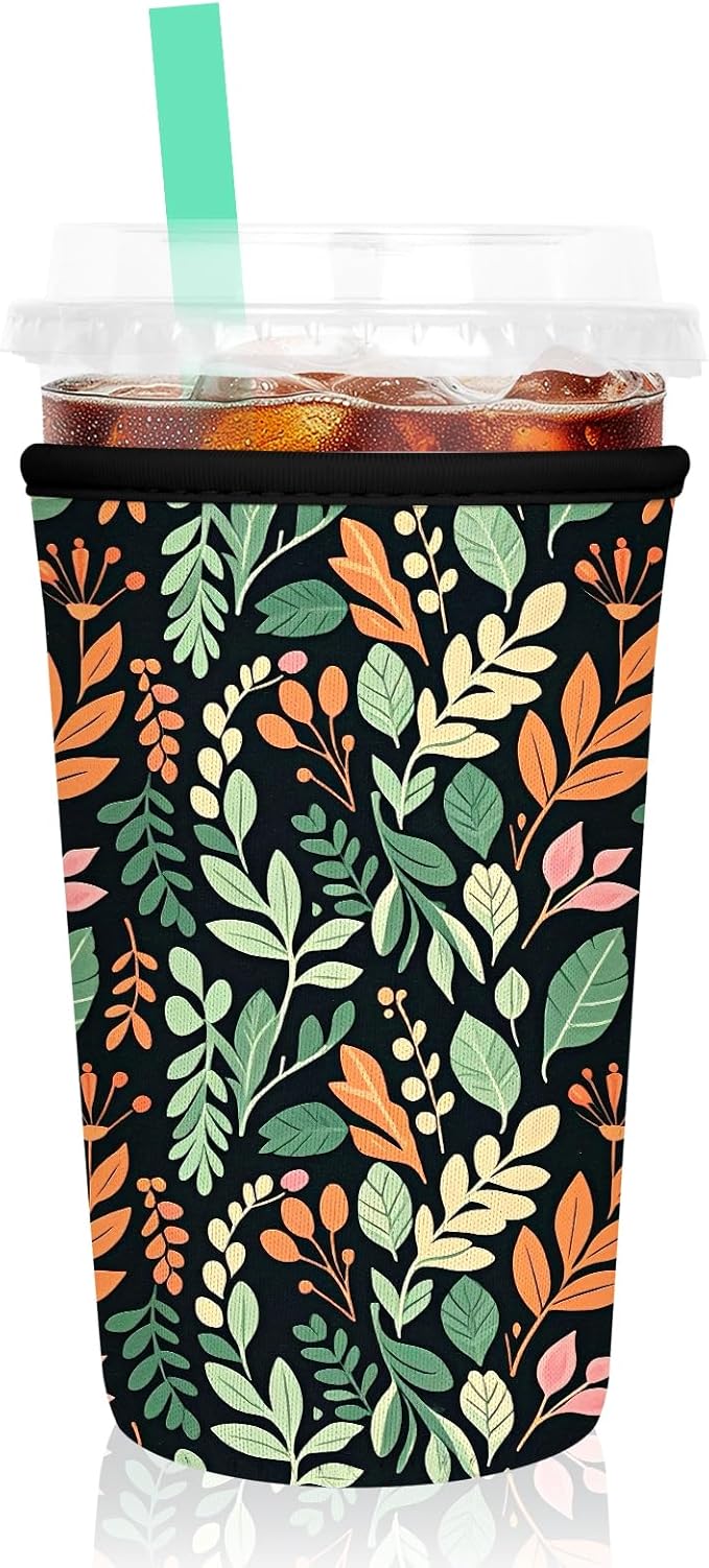 Iced Coffee Sleeve, Reusable Insulated Neoprene Cup Sleeve for Cold & Hot Drinks Beverages, Cup Holder for 32oz Coffee Cups, Colorful Leaves