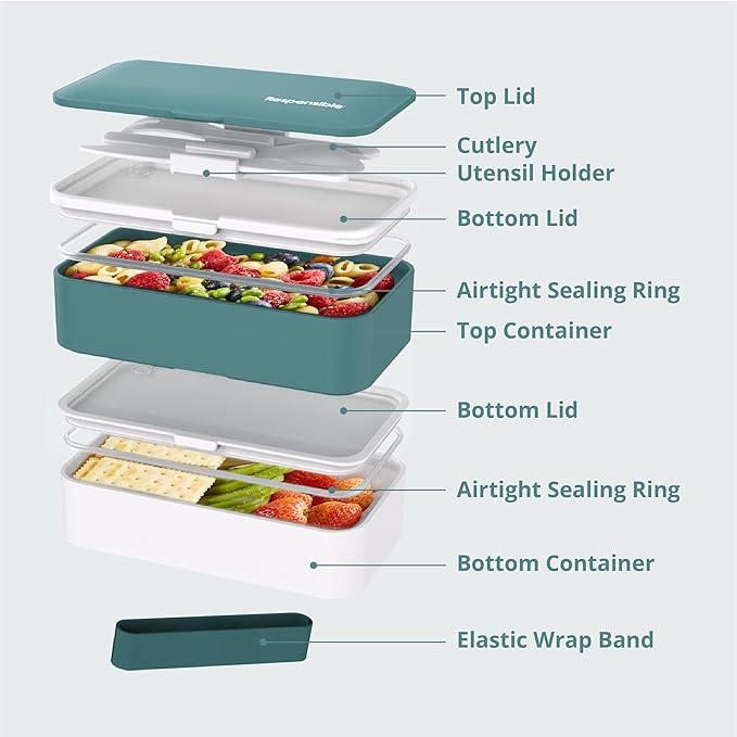 Responsible Products Leak Resistant Bento Box with Tableware for Adult - Teens, Insulated Lunch Box for Women - Men - Girls - Boys, BPA Free, Dishwasher Safe, Microwave Safe, Freezer Safe, 46 oz
