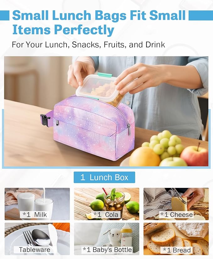 Small Insulated Snack Bag Lunch Box,Collapsible Reusable Small Lunch Bag with Snap Buckle Handle for Beach Travel Picnic,Pink Starry Sky 5-Can(3L)
