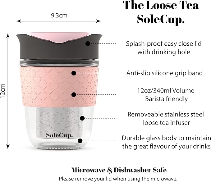 Travel Mug Loose Tea Infuser - Detachable Tea Strainer with Spillproof Lid - BPA-Free Reusable Glass Travel Coffee Cup with Silicone Band (Gray and Pink, 12oz)