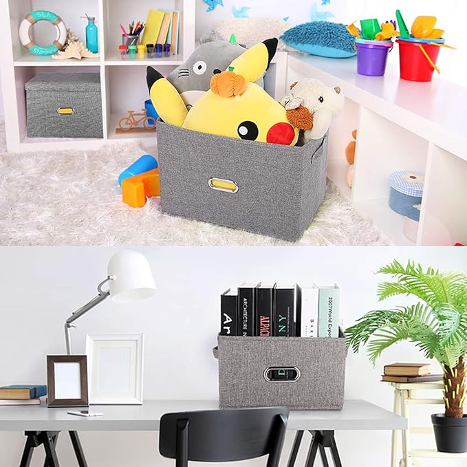 Large Linen Collapsible Storage Bins with Removable Lids and Handles, Washable Storage Box Containers Baskets Cube with Cover for Bedroom,Closet,Office,Living Room,Nursery (Khaki, Large)