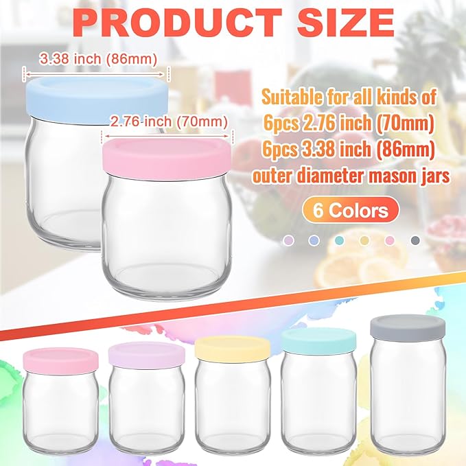 12 Pcs Mason Jars 6 Wide and 6 Regular Mouth Lids Mason Jar Lids Thickened Leak Proof Lid for 86 mm and 70 mm Wide and Regular Mouth, Reusable Canning Jar Caps(Macaron)