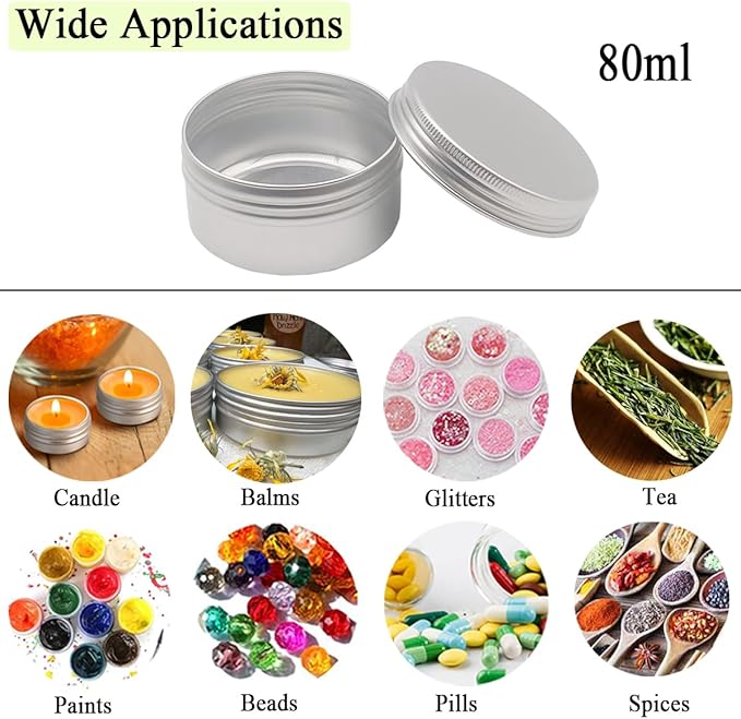 10pcs 80ml Round Lip Balm Tin Cans, 80 Gram Aluminum Cosmetic Sample Container with Screw Lid, 80g Silver Metal Empty Storage Travel Jars for Salves, Lip Balms, Face Cream, Candle, Tea, Paint