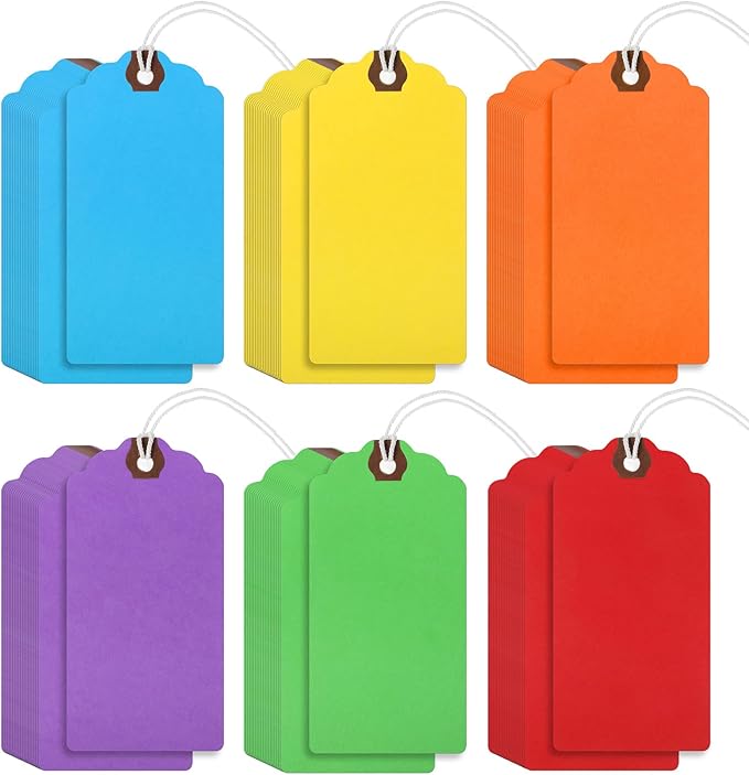Outus 60 Pcs 4 3/4-in x 2 3/8-in Blank Large Paper Gift Tags with String and Reinforced Eyelet Wire Writable Price Tags Shipping Labels Inventory Labels(Rainbow Colors)