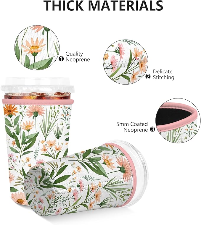 Iced Coffee Sleeve, Reusable Insulated Neoprene Cup Sleeve for Cold & Hot Drinks Beverages, Cup Holder for 32oz Coffee Cups,Colorful Small Flowers