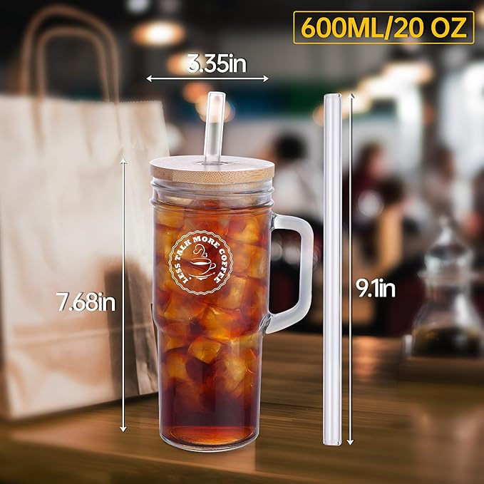 2 Pcs Glass Cups with Lids and Straws, 20oz/600ml Ice Glass Coffee Cups with Lids, Reusable Wide Mouth Tumbler with Handle & Leakproof Metal Lid & Eco Bamboo Lid & Cleaning Kit