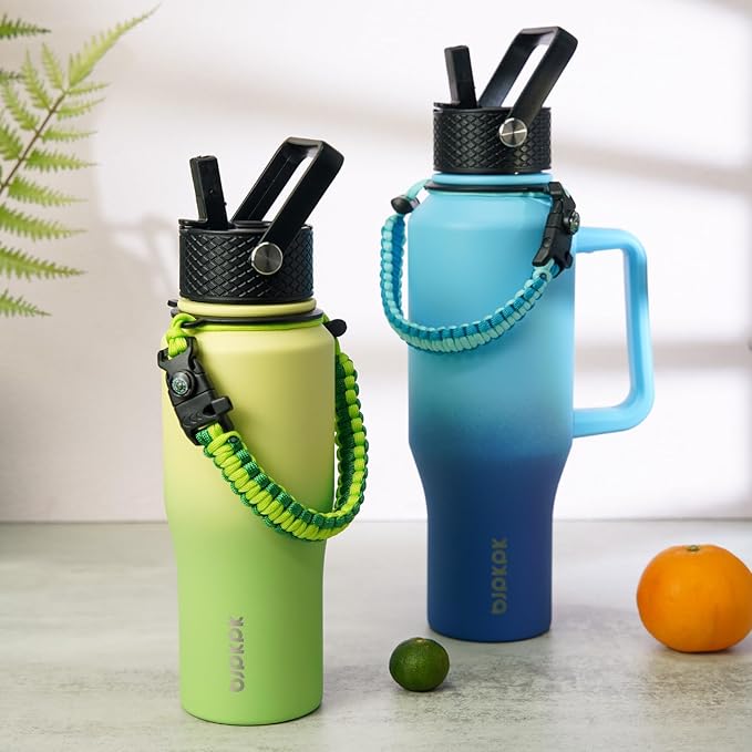 BJPKPK Insulated Water Bottles with Straw Lid, 35oz Metal Water Bottle with 2 lids & Paracord Strap, Double Wall Stainless Steel Vacuum Tumblers, Cups, Mugs, Thermo for Hot& Cold Drinks, Fresh Green