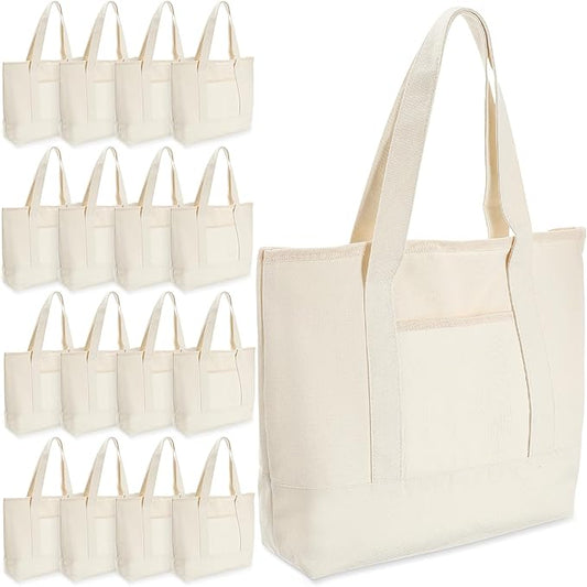 Reginary 16 Pcs Canvas Tote Bags Bulk with Outer Pocket 18 Inch Reusable Shopping Grocery Blank Tote Bag for Women Mother DIY