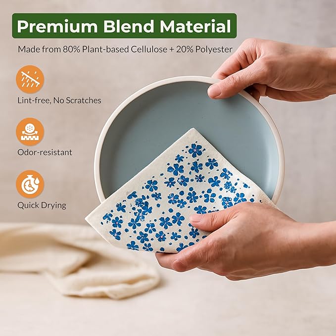 MosJos Swedish Dishcloths, Vintage Plant-Based Cellulose, 6.7x7.5 Inch, Super Absorbent, Multi-Surface, Machine Washable, Reusable, 5 Pack (Blue-Aqua)