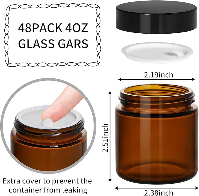 KEYWING 4oz Amber Glass Jars with Black Lids, 48 Pack Empty Cosmetic Containers Small Glass Jars with Inner Liners for Creams, Lotions, Ointments and Powders