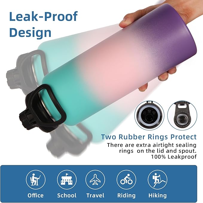 Volhoply Insulated Water Bottles Bulk 2 Pack, 40 oz Sports Bottle with Paracord Handle & Spout Lid, Double Walled Vacuum Water Cups with Wide Mouth,Reusable Hiking Water jug(Gradient Color,2 Set)