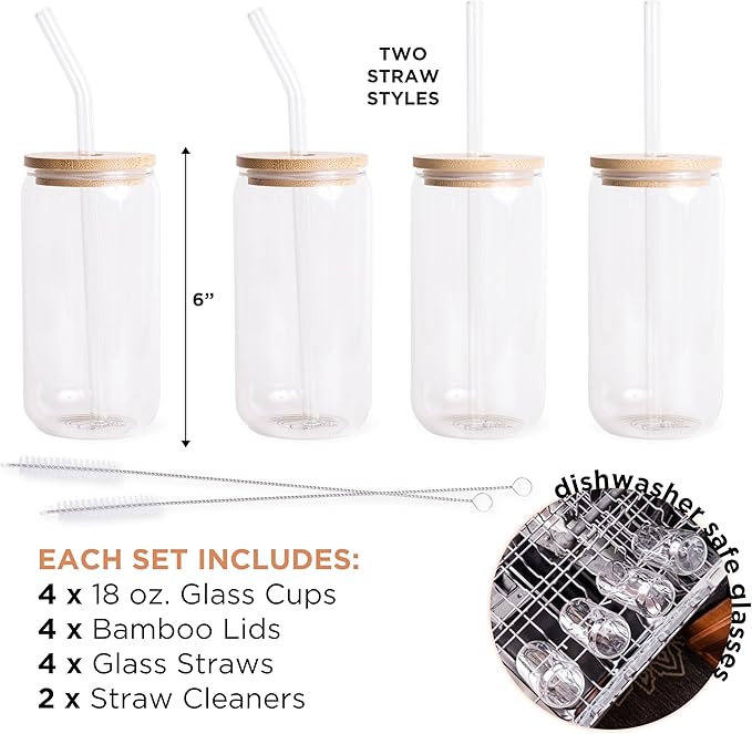 Drinking Glasses 18oz, with Bamboo Lids and Glass Straws, Set of 4, for Mixed Drinks, Cocktails, Beer, Iced Coffee/Tea, Fresh Juice, Smoothies, Parties/Gifts - Includes 2 Straw Cleaners (Clear)